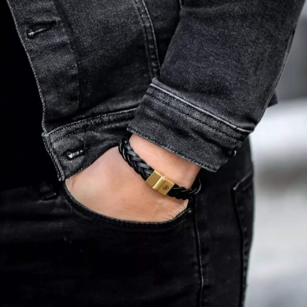 Armband^Rebel & Rose Full Metal Leather - Full Metal Braided Black Gold - po |