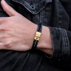Armband^Rebel & Rose Full Metal Leather - Full Metal Braided Black Gold - po |