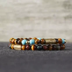 Armband^Rebel & Rose More Balls Than Most - Mix Tiger Turquoise - Yellowgold ionplated - 6mm |